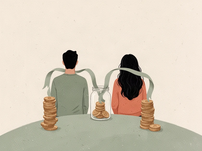 A couple, each with their own stack of coins of a different height, both feeding one shared jar