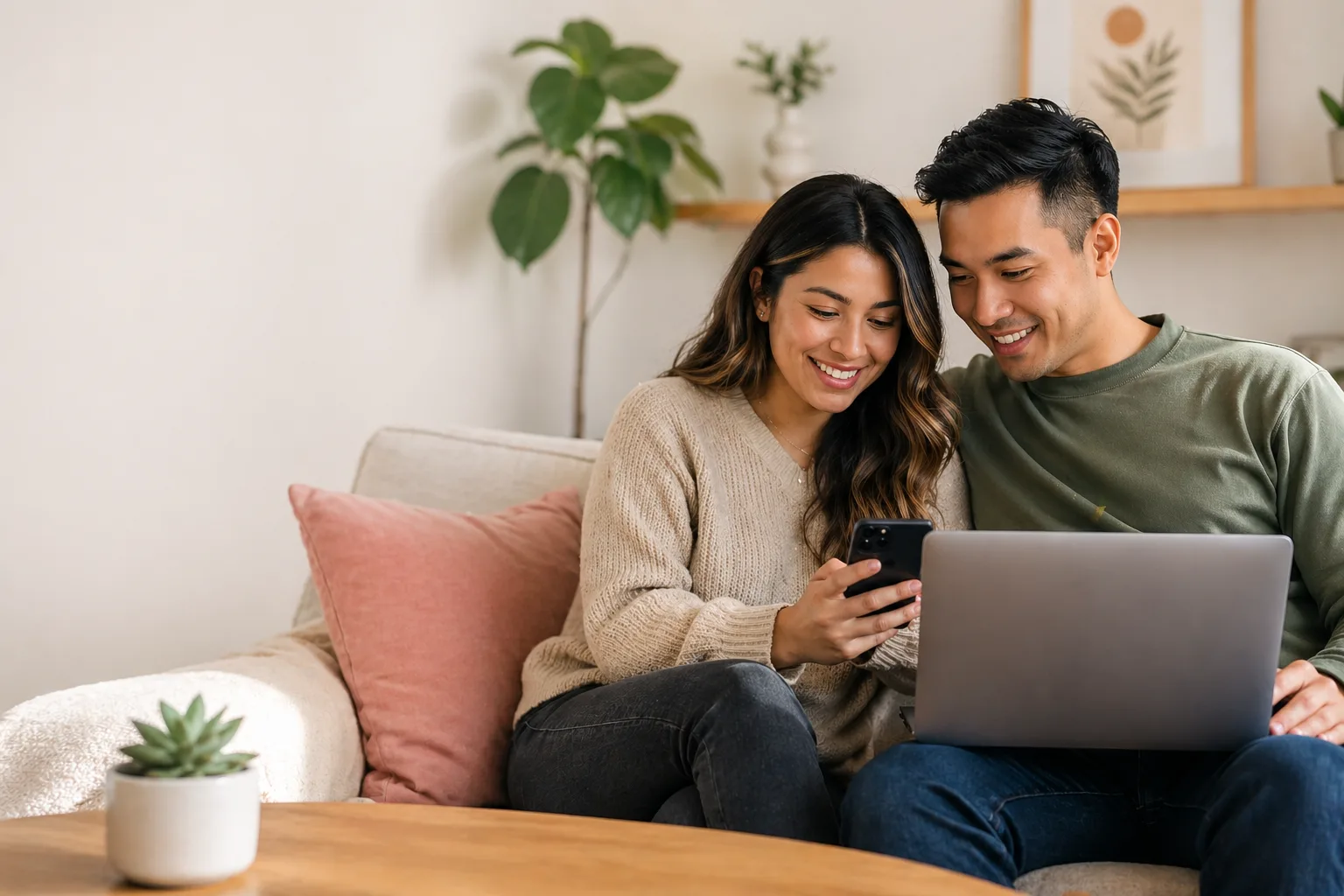 Halfway: couple managing shared budget together on laptop
